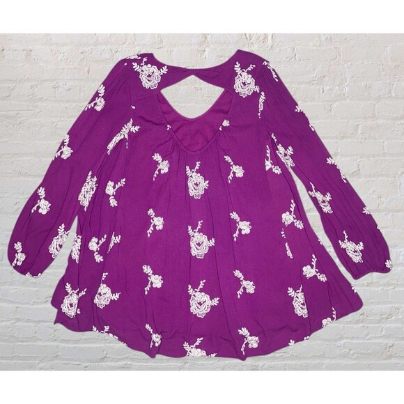 Free People Emma Austin Embroidered Tunic Dress Size MED Fuchsia Floral Boho - Picture 5 of 16